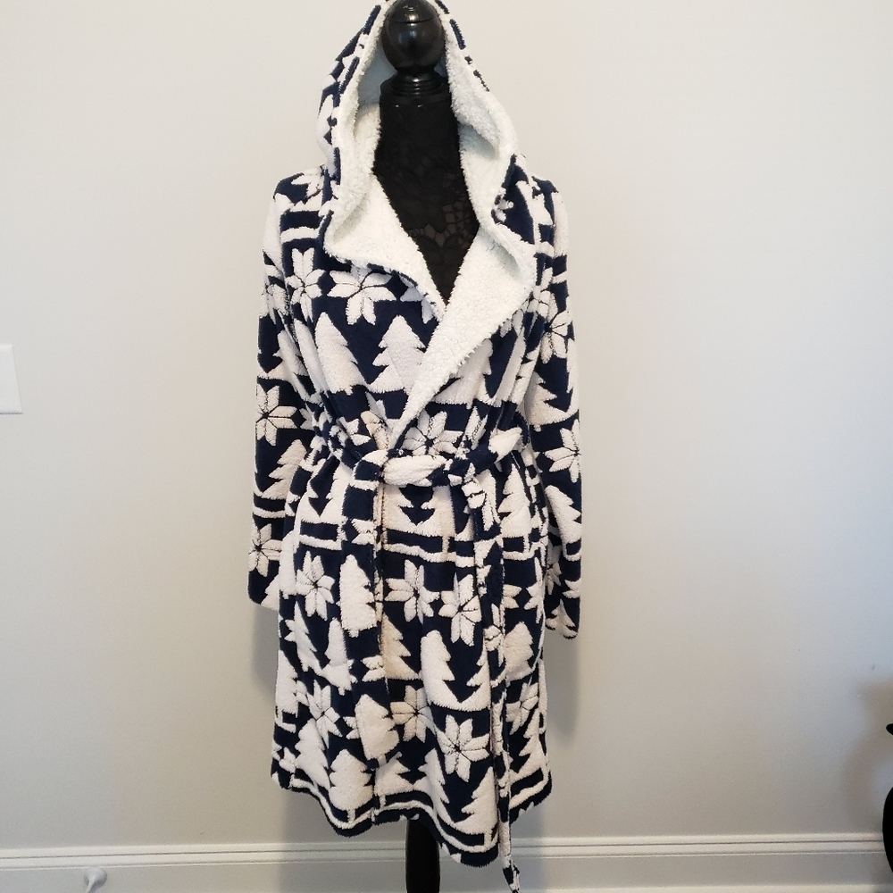 Vera Bradley Sherpa‎ Hooded Robe Cozy Life Cottagecore Women's  S/M Blue/ White